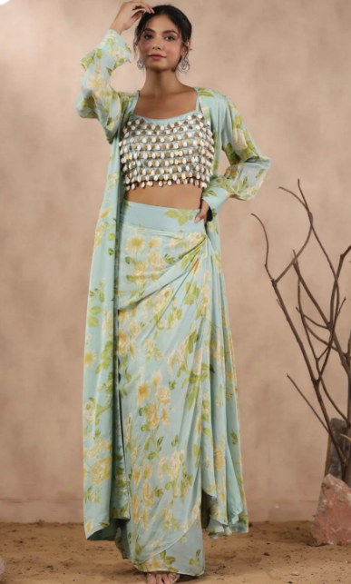 Pastel Blue Floral Indo-Western Set