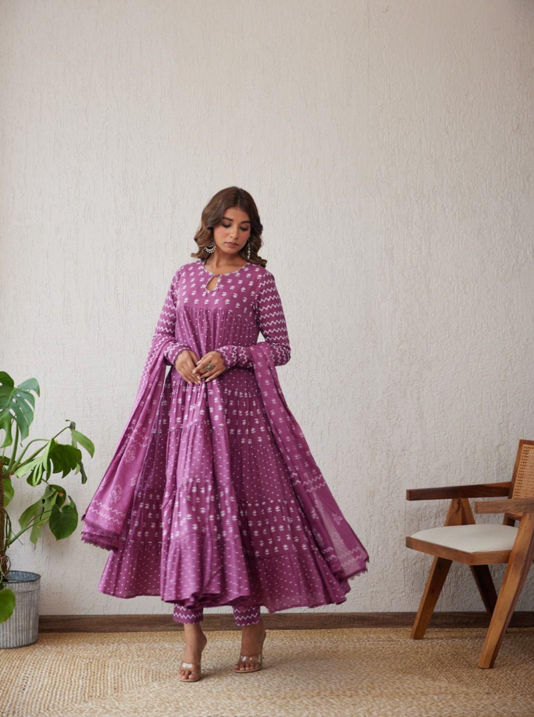 Purple White Tiered Anarkali Set