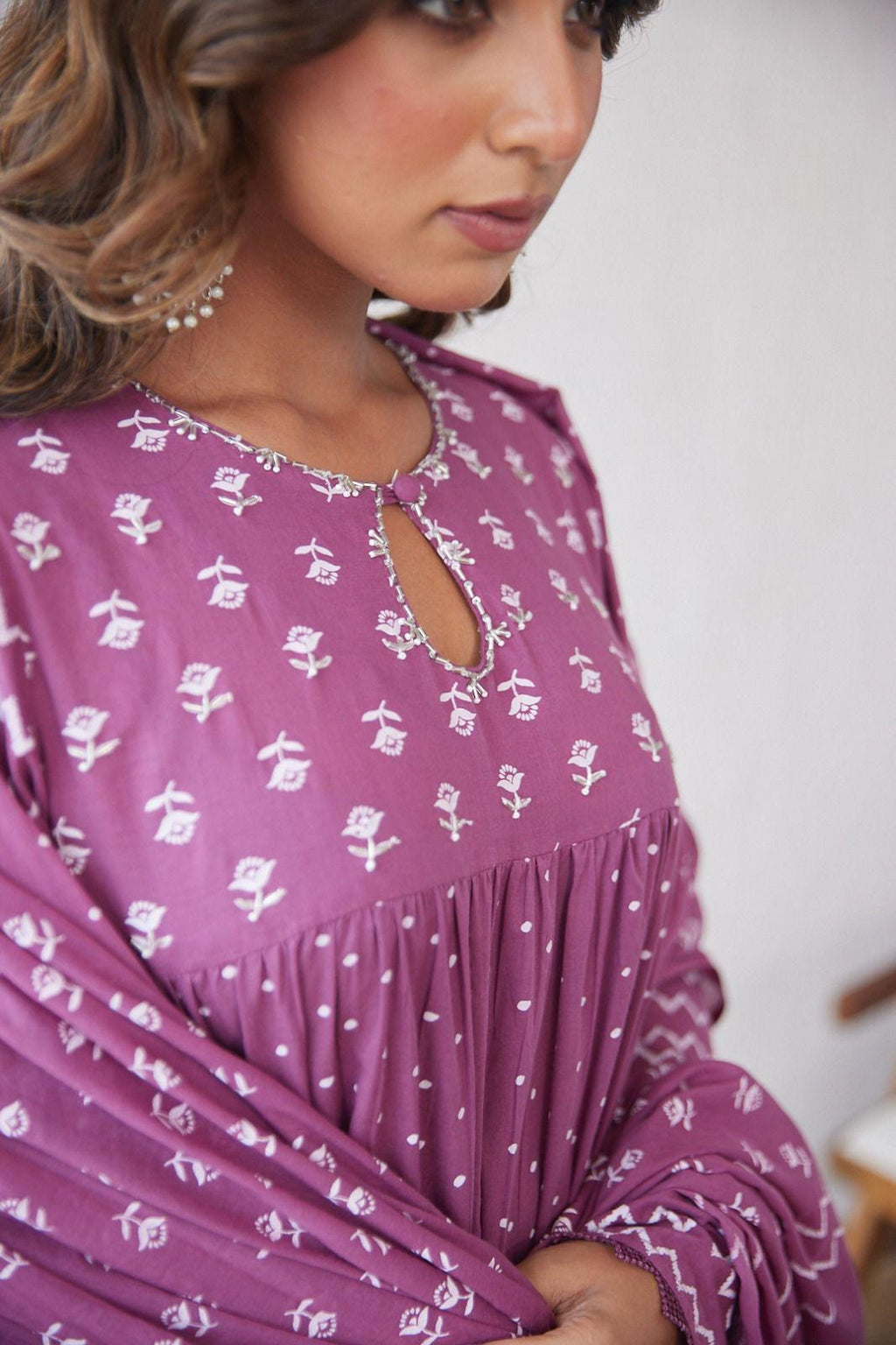 Purple White Tiered Anarkali Set