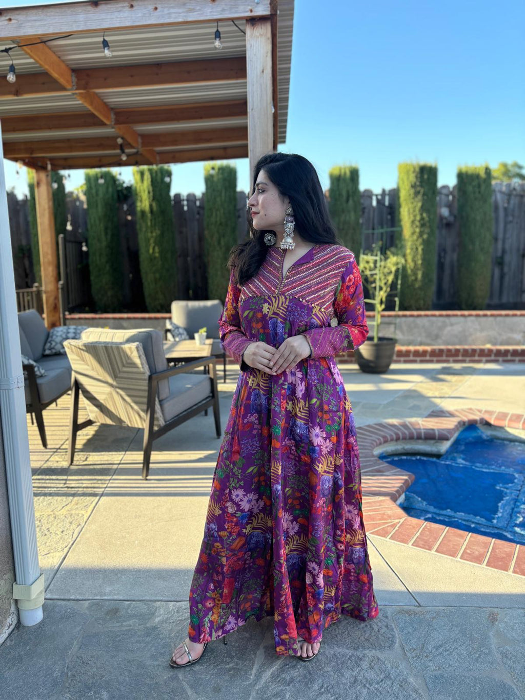 Wine Floral Floor Length Dress