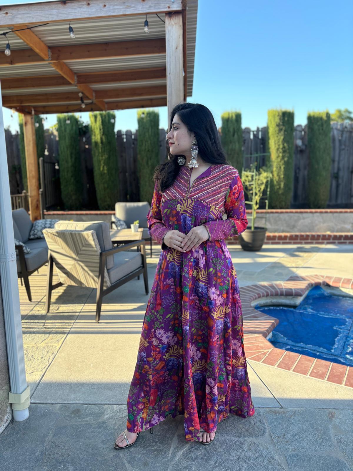 Wine Floral Floor Length Dress