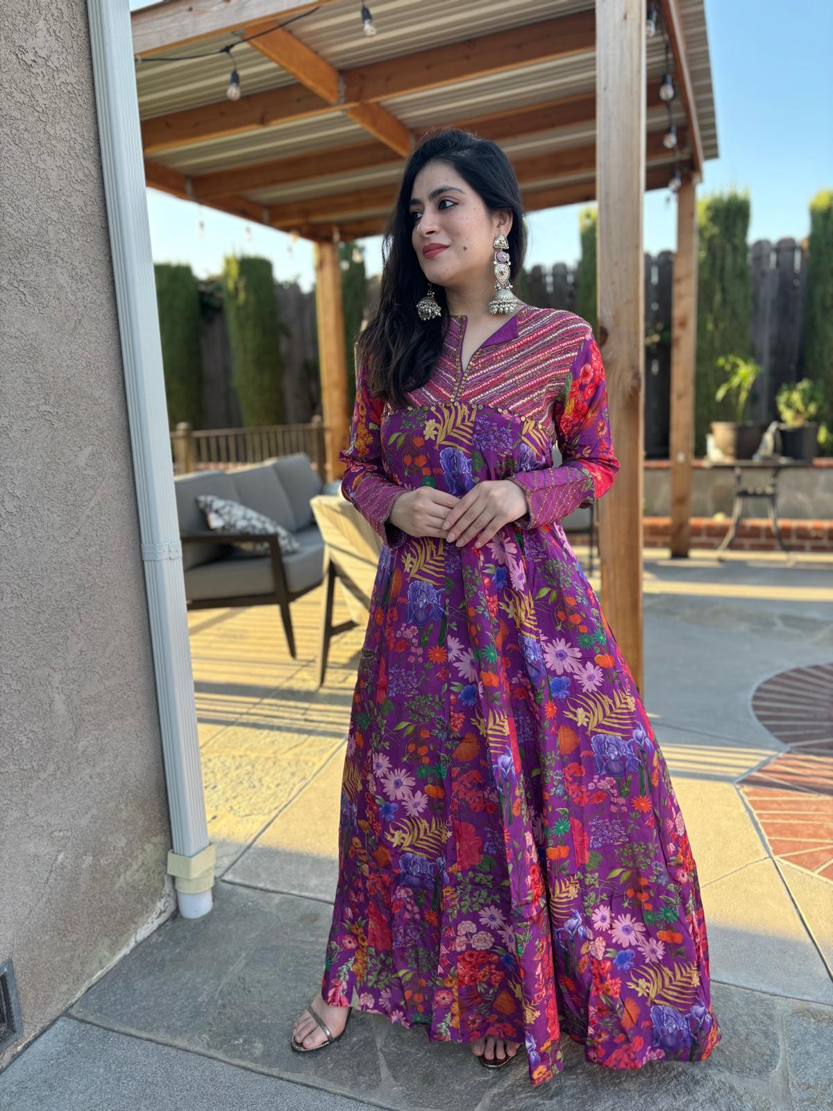 Wine Floral Floor Length Dress