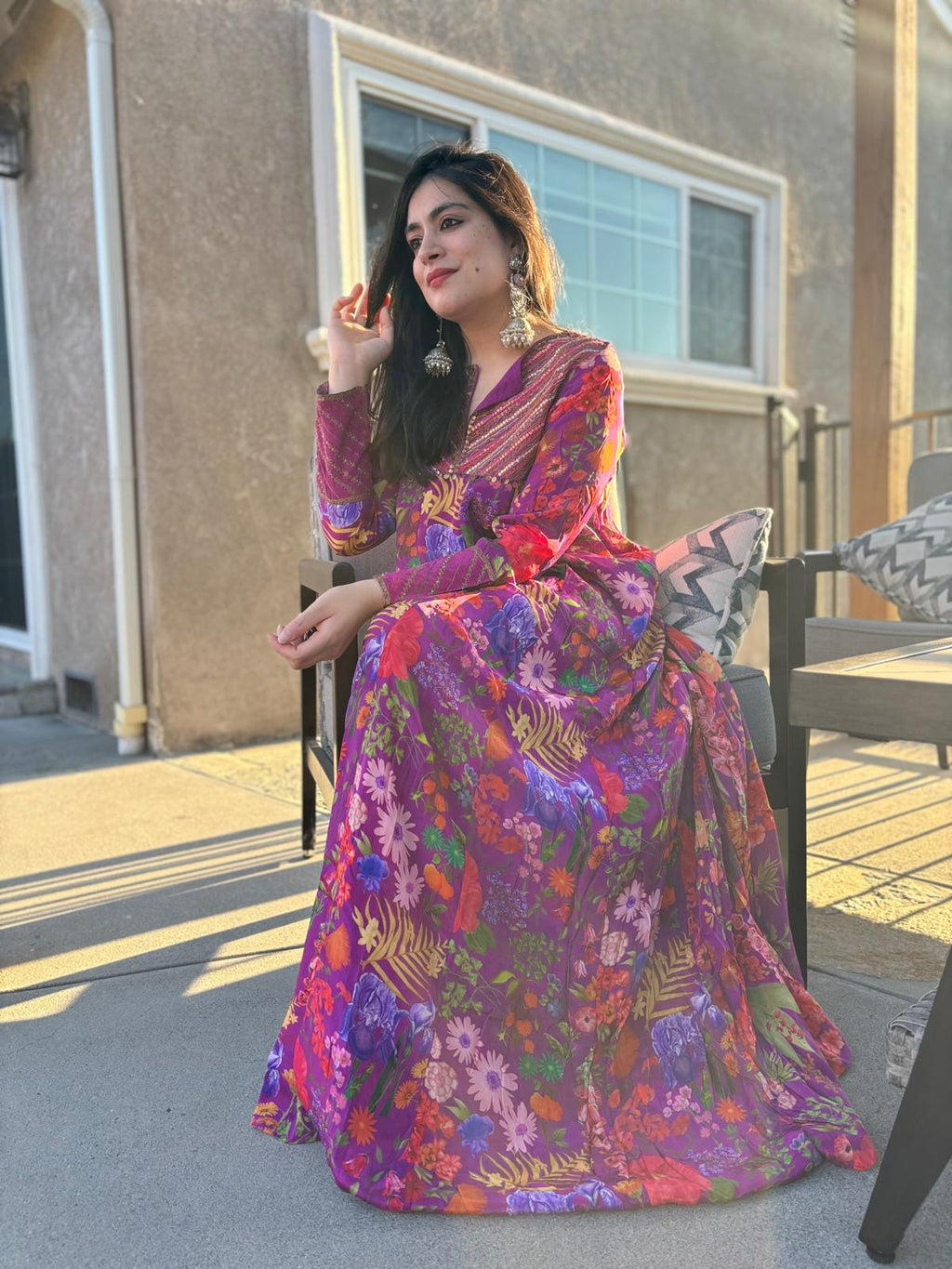Wine Floral Floor Length Dress