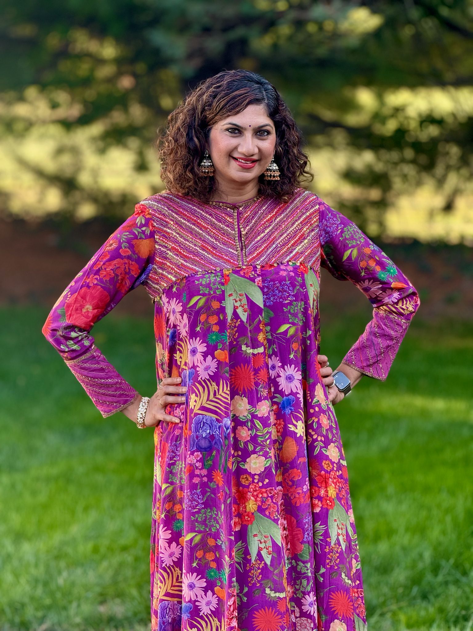 Wine Floral Floor Length Dress