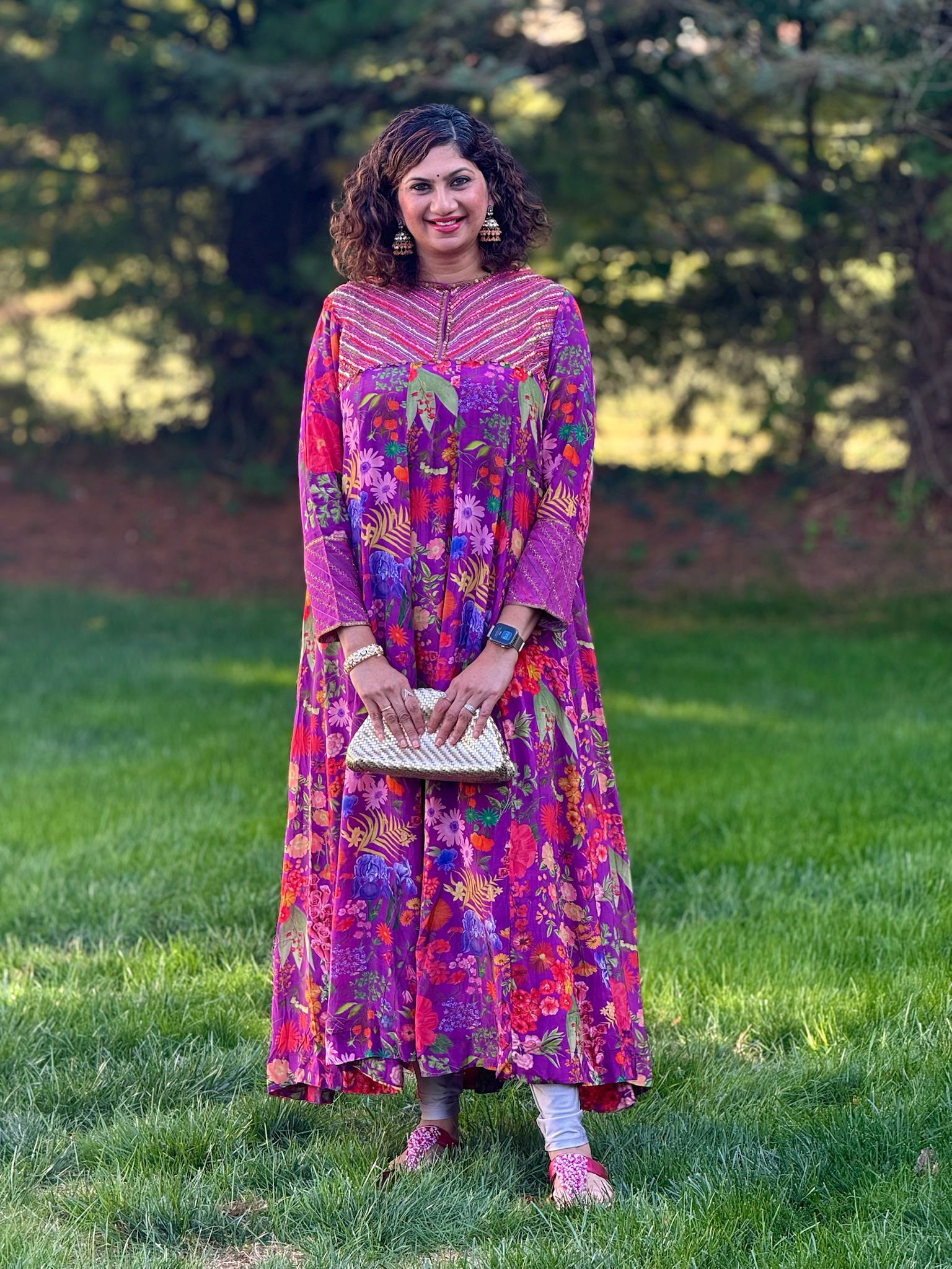 Wine Floral Floor Length Dress