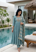 Baby Blue Muslin A-Line Zari Set