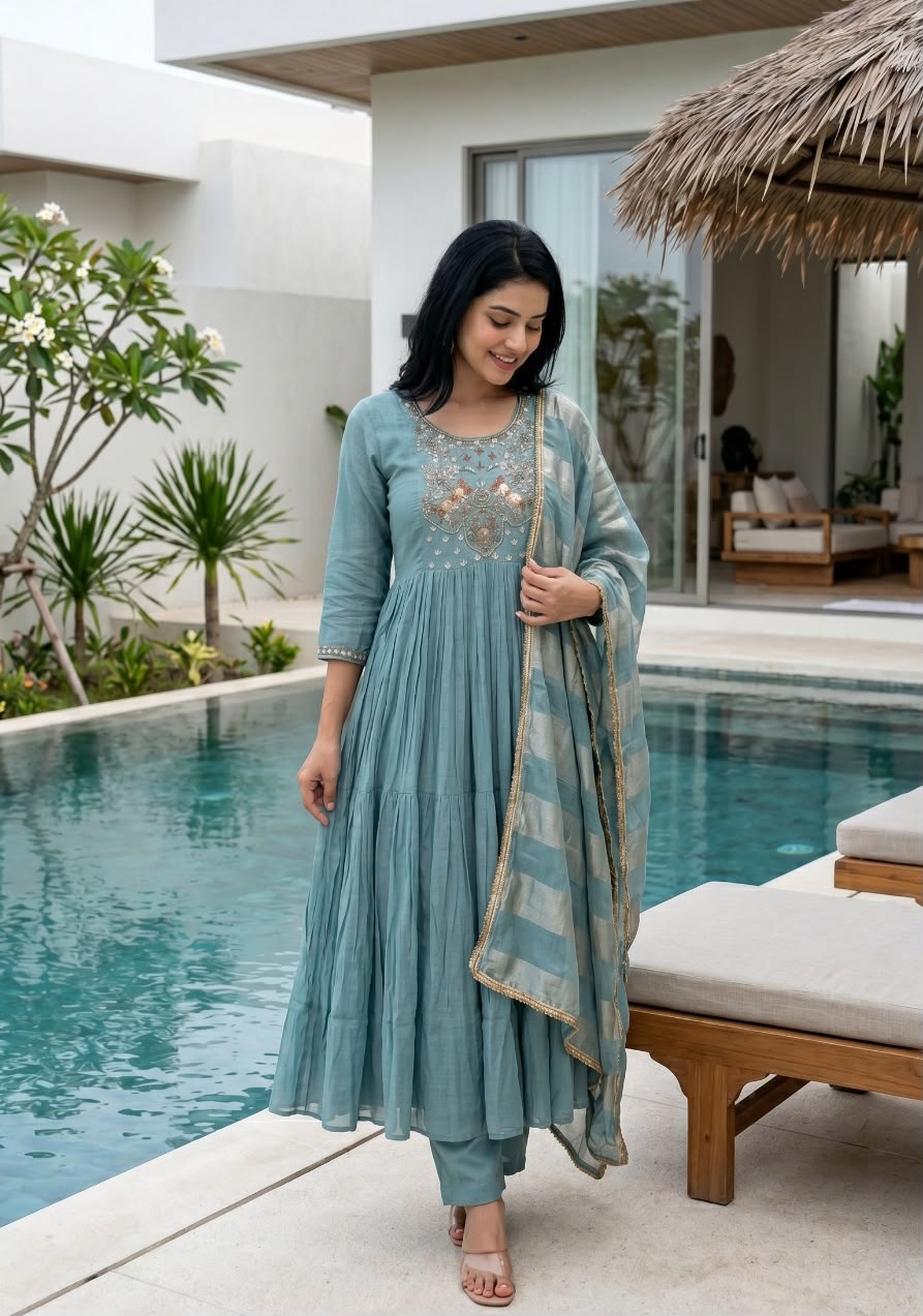 Baby Blue Muslin A-Line Zari Set