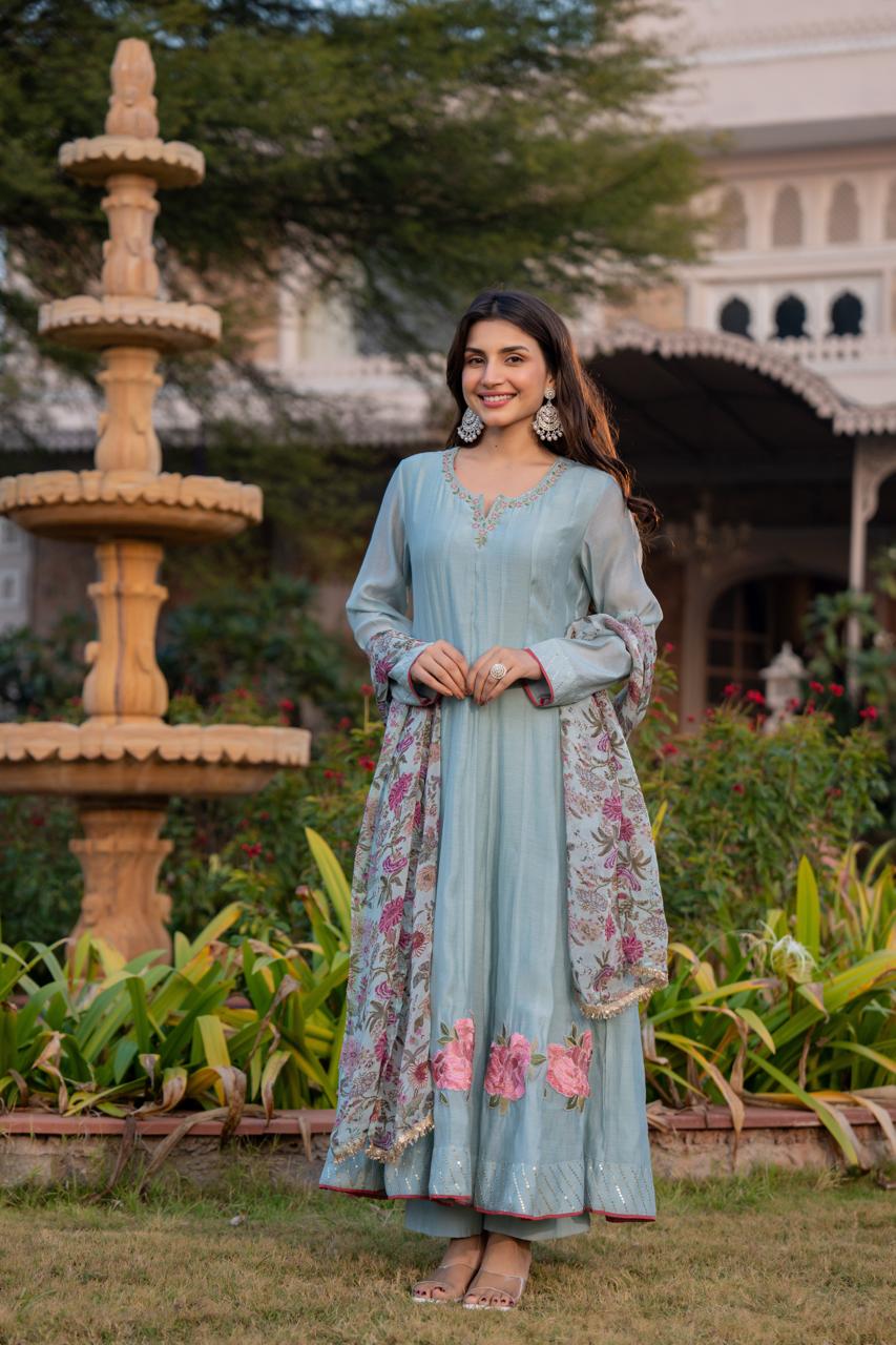 Powder Blue Floral Anarkali Set