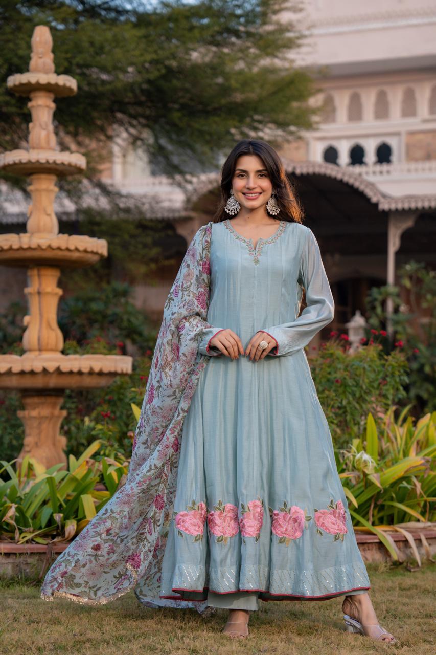Powder Blue Floral Anarkali Set