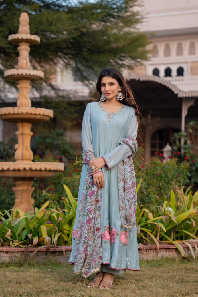 Powder Blue Floral Anarkali Set