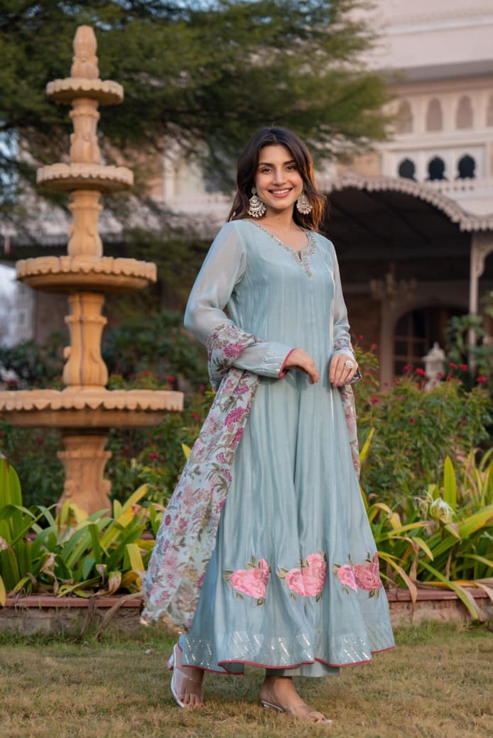 Powder Blue Floral Anarkali Set
