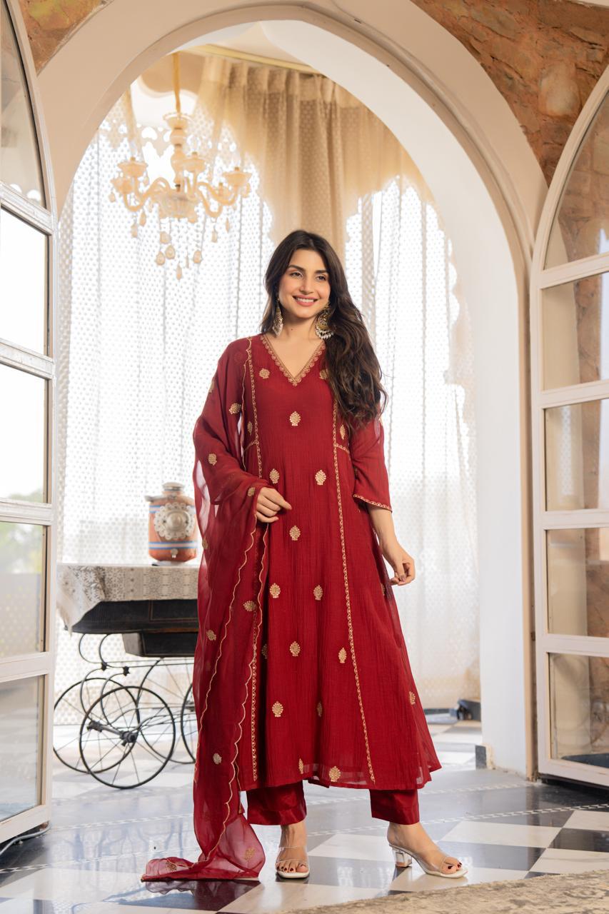 Blood Red Zari A-Line Set