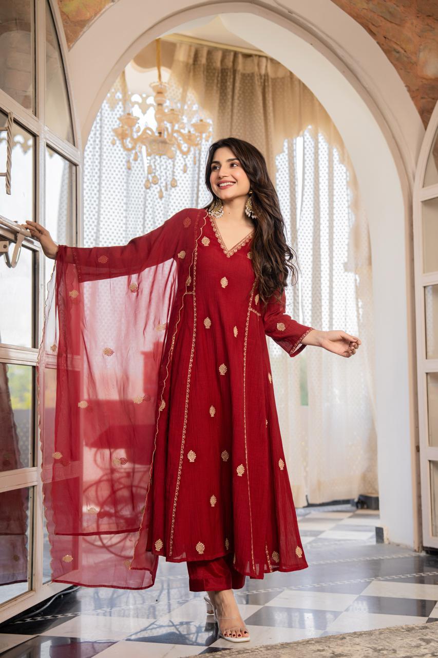 Blood Red Zari A-Line Set
