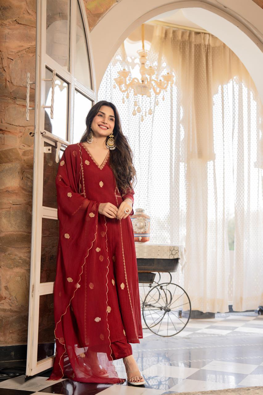 Blood Red Zari A-Line Set