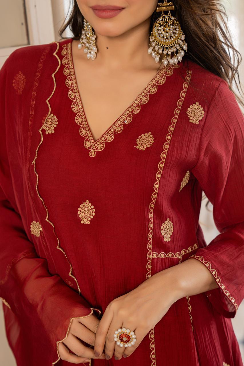 Blood Red Zari A-Line Set
