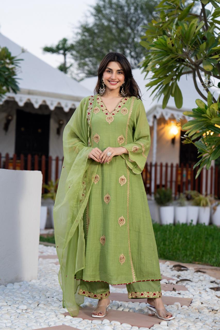 Green Red Zari A-Line Set