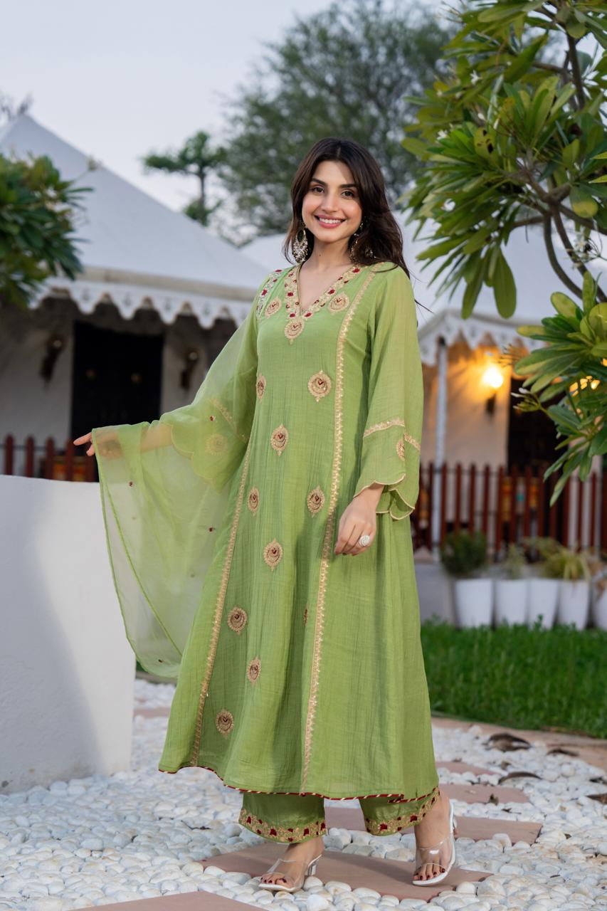 Green Red Zari A-Line Set