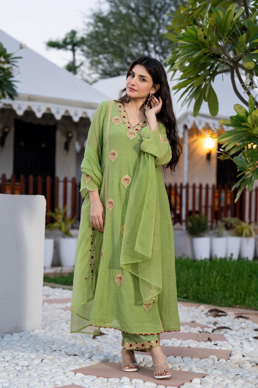 Green Red Zari A-Line Set