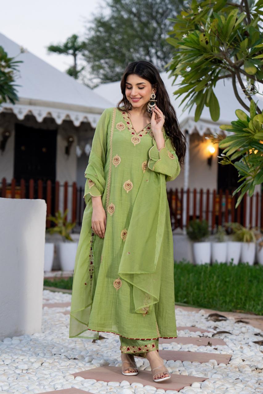 Green Red Zari A-Line Set