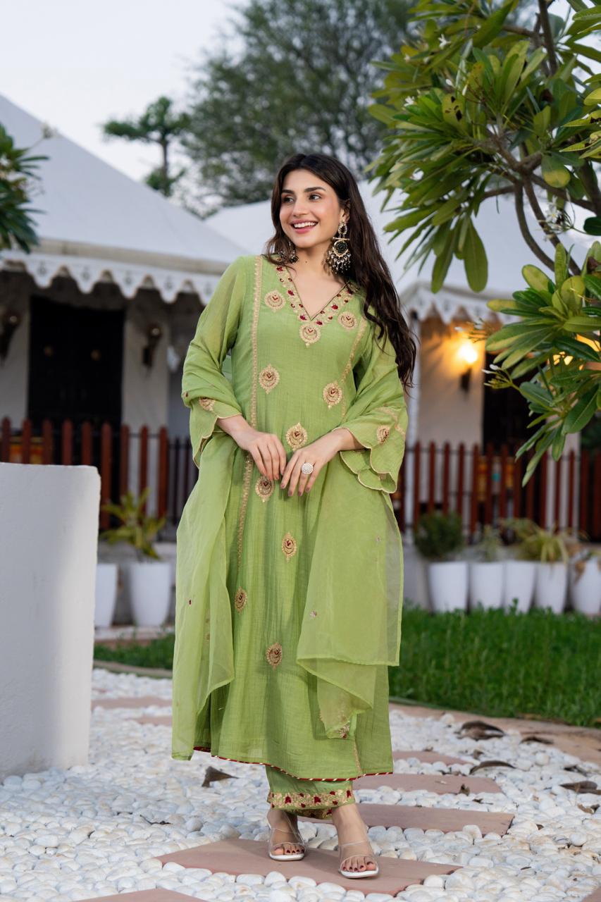 Green Red Zari A-Line Set