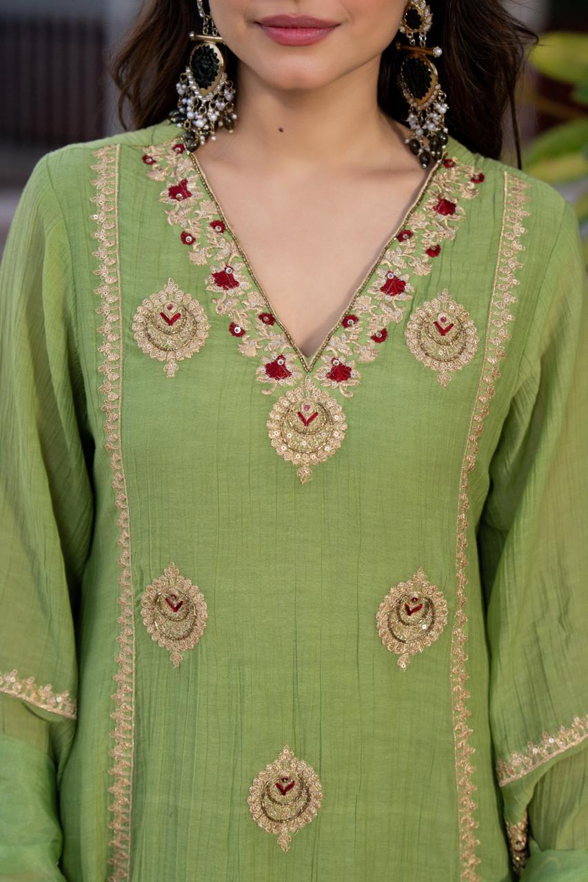 Green Red Zari A-Line Set