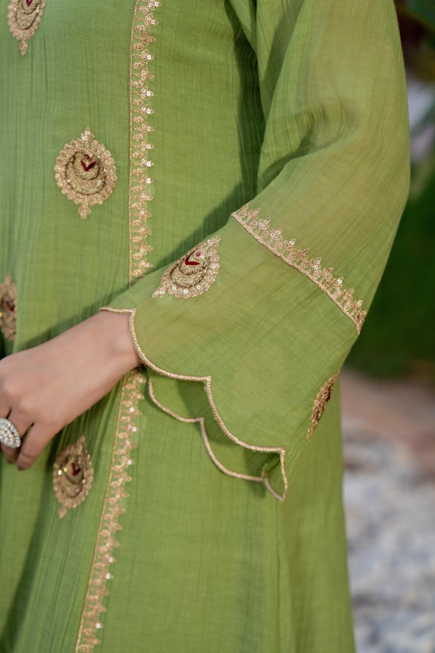 Green Red Zari A-Line Set