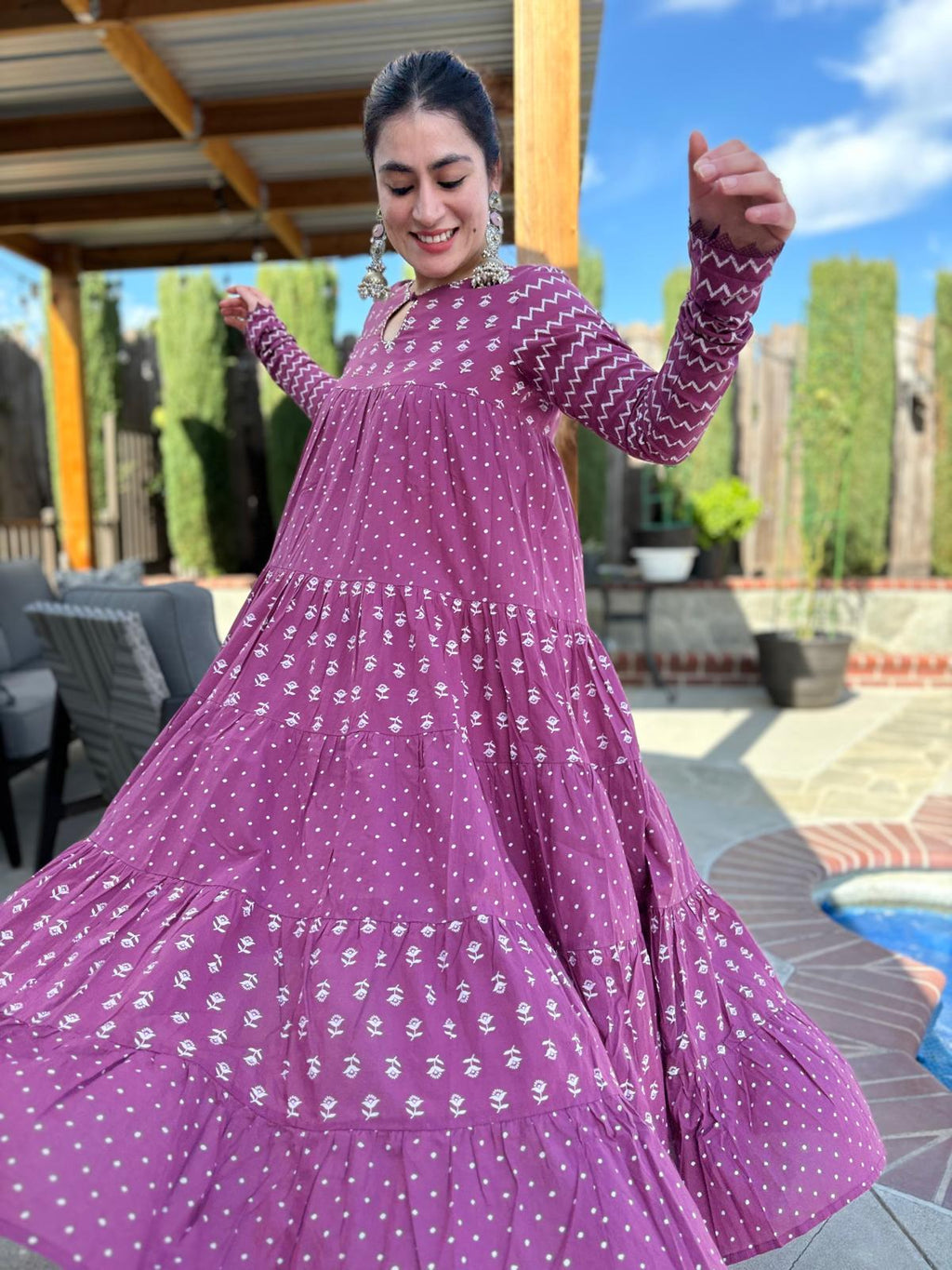 Purple White Tiered Anarkali Set