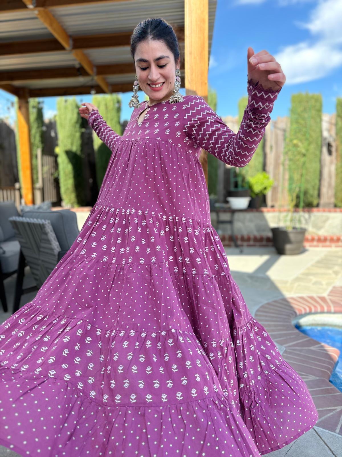 Purple White Tiered Anarkali Set