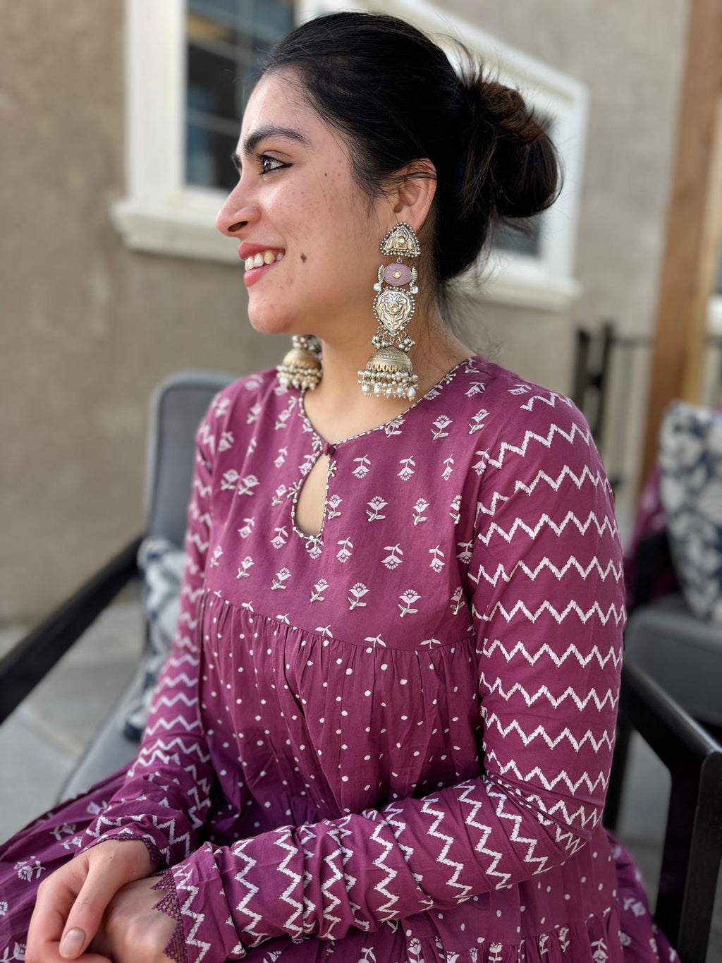 Purple White Tiered Anarkali Set