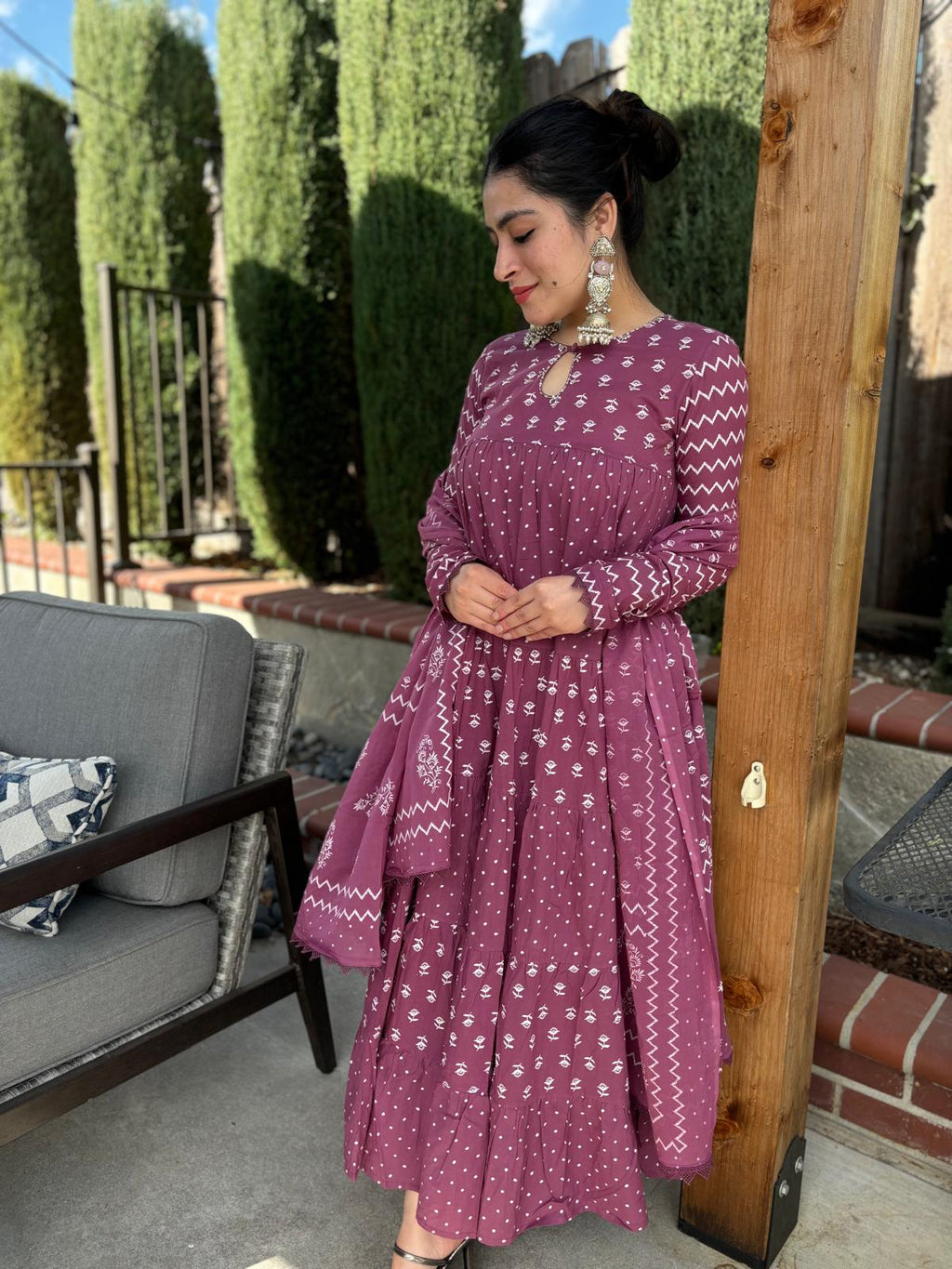 Purple White Tiered Anarkali Set