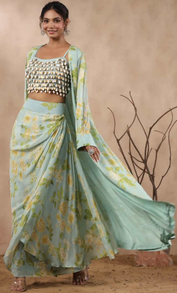 Pastel Blue Floral Indo-Western Set