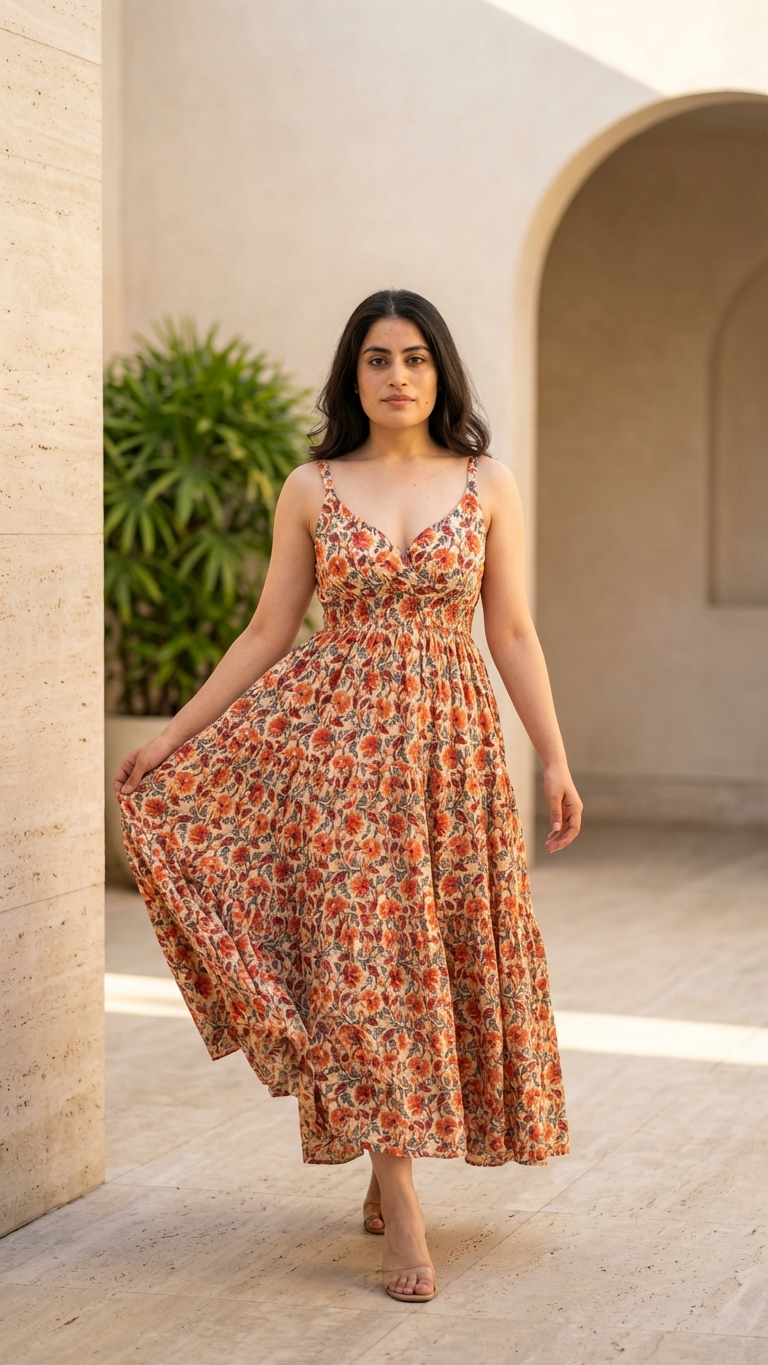 Beige Red Floral Bohemian Dress