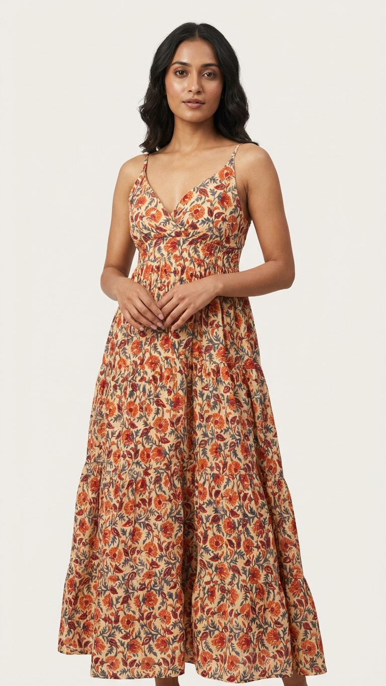 Beige Red Floral Bohemian Dress