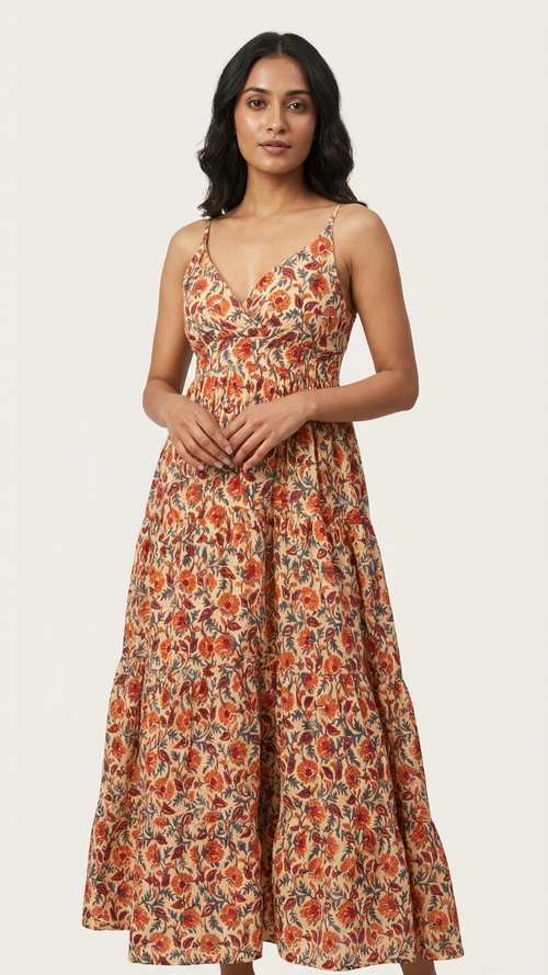 Beige Red Floral Bohemian Dress