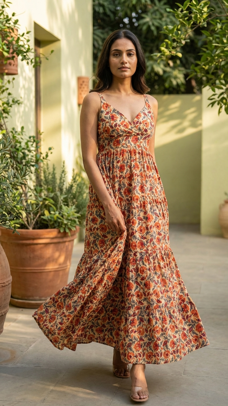 Beige Red Floral Bohemian Dress
