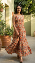Beige Red Floral Bohemian Dress