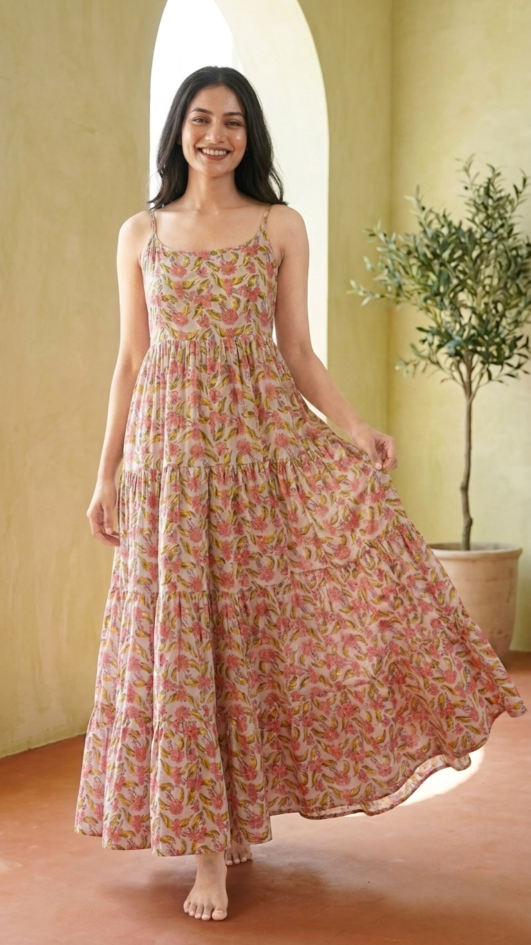 Blue Pink Floral Boho Dress