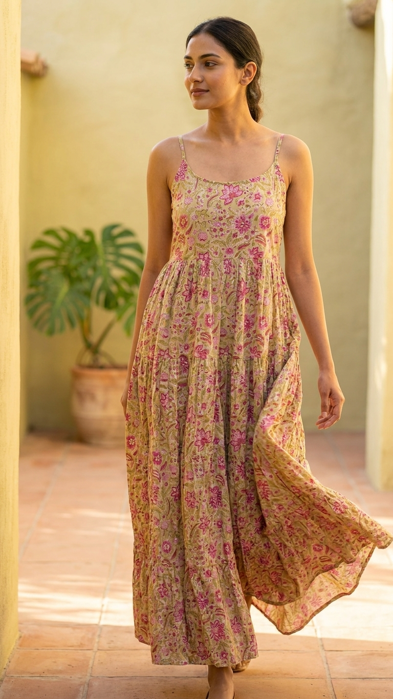 Light Green Boho U-Neck Dress