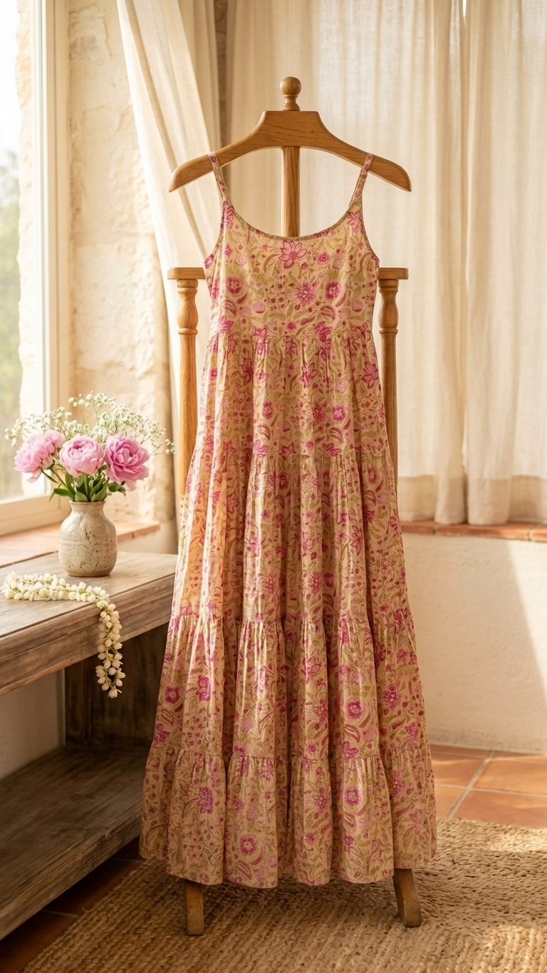 Light Green Boho U-Neck Dress
