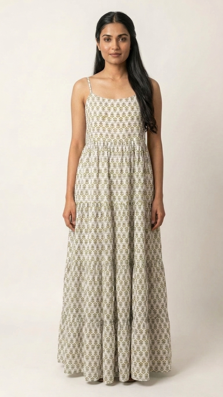 White Green Boho U-Neck Dress