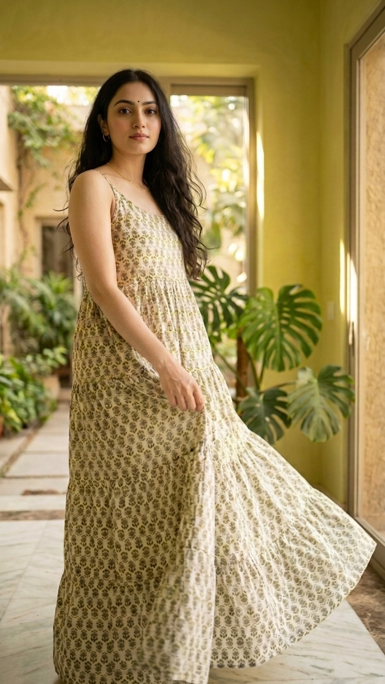 White Green Boho U-Neck Dress