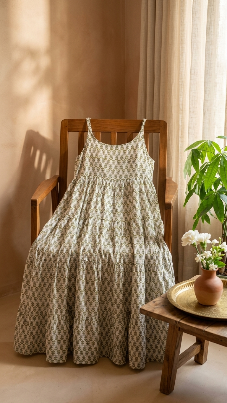 White Green Boho U-Neck Dress