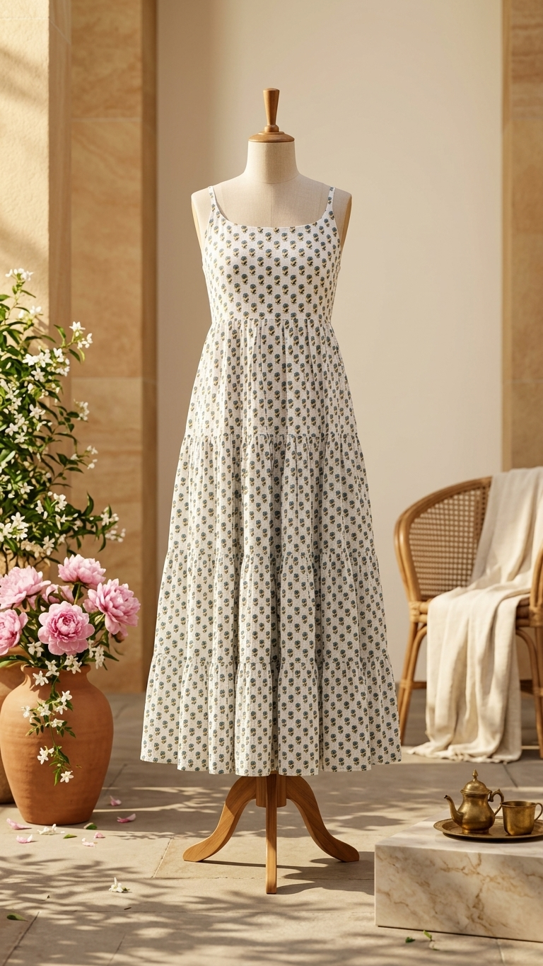 White Blue Small Buti Boho Dress