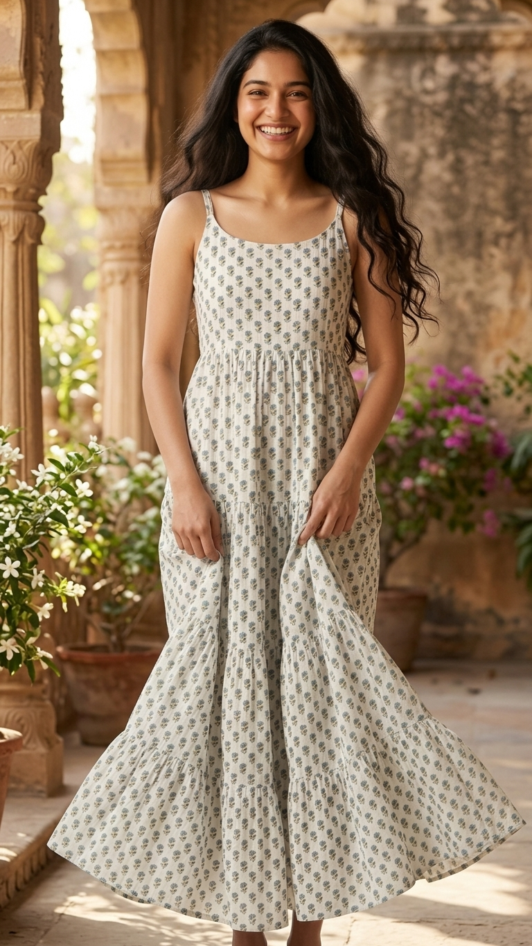 White Blue Small Buti Boho Dress