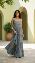 Blue Boho U-Neck Dress