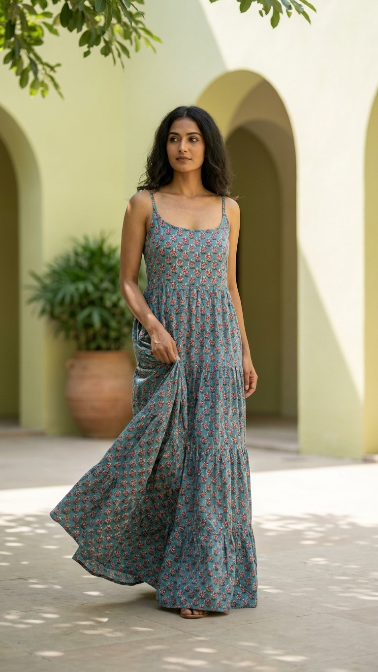Blue Boho U-Neck Dress