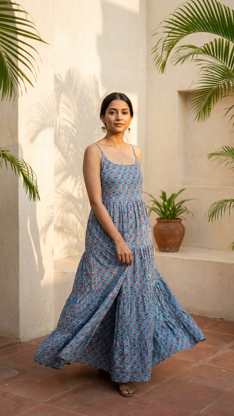 Blue Boho U-Neck Dress