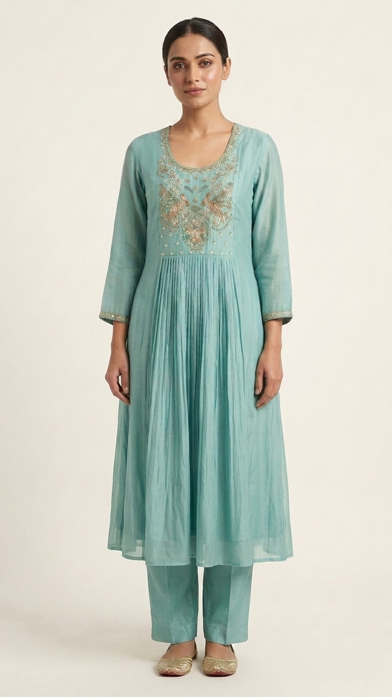 Baby Blue Muslin A-Line Zari Set