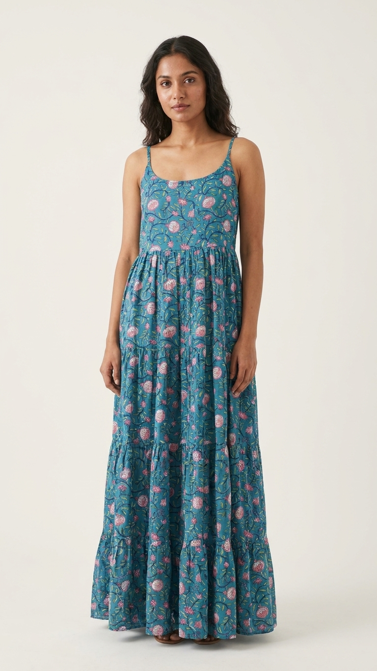 Lotus Blue Boho U Neck Dress