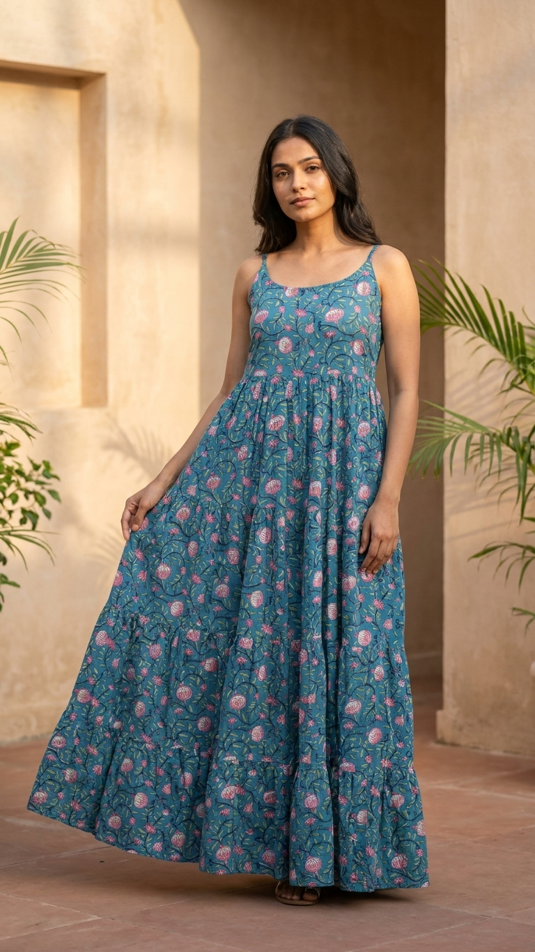 Lotus Blue Boho U Neck Dress